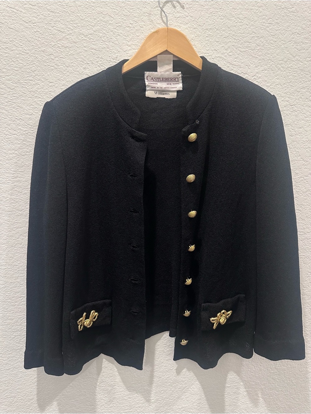 Vintage Castleberry London New York Black Knit Jacket Gold Bow Detail Size 14